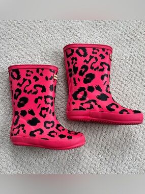 Hunter Bright Pink Leopard-Print Kids Rain Boots